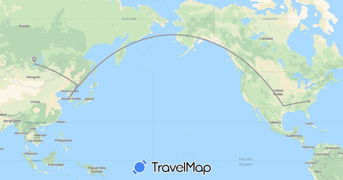 TravelMap itinerary: driving, plane in South Korea, Russia, United States (Asia, Europe, North America)